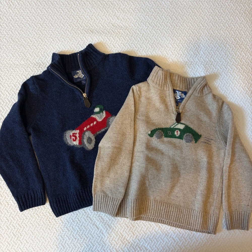 British Wool Cashmere Children's Half-Zip Sweaters with race cars